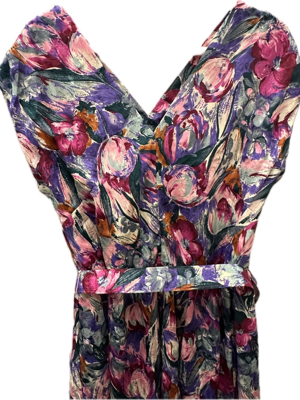 S/M Vintage Floral V-Neck Midi Dress in Purple and Pink